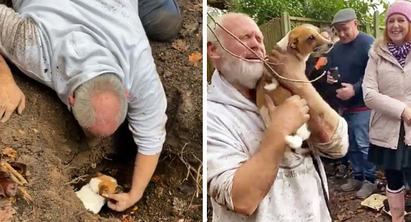 A man breaks down into tears when reunited with his dog that was found in a foxhole after 3 days